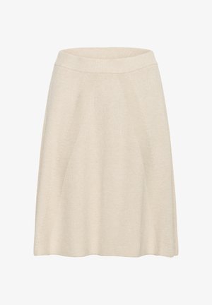Knit beige skirt with a flared design, featuring ribbed texture and panel seams. Short length and elastic waistband for comfort.
