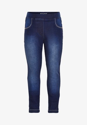 Leggings en denim bleu foncé avec une texture lisse, dotés d'une large ceinture élastique, de fausses poches avant et de détails de couture contrastants.