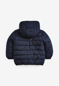 Navy blue puffer jacket with a hood, featuring quilted design, front and back horizontal seams, and elastic cuffs. Soft, insulated material.