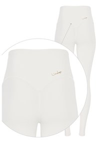 Weiße High-Waist Shaping-Leggings mit glatten Nähten und kleinem "Winshape"-Logo in der Nähe des Hüftbereichs.