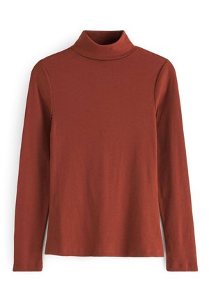 Rust-colored, long-sleeve ribbed turtleneck top with a fitted silhouette and simple design, displayed on a white background.