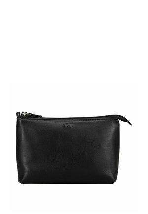 Schwarze rechteckige Lederetui mit Reißverschluss oben und kleinem geprägtem Logo in der Mitte vorne, vor weißem Hintergrund.