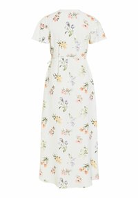 Robe midi blanche à manches courtes, taille nouée et imprimé floral multicolore, vue de dos sur fond blanc.