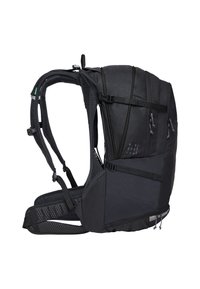 Zaino ergonomico nero con spallacci in rete regolabili, multiple tasche e una superficie testurizzata per una maggiore presa e comfort.