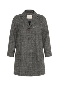 Grau karierter Mantel mit schrägem Kragen, zwei Knöpfen, seitlichen Taschen und dreiviertellangen Ärmeln. Texturiertes Wollmischgewebe.