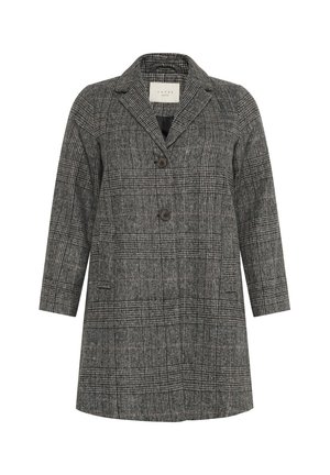 Grau karierter Mantel mit schrägem Kragen, zwei Knöpfen, seitlichen Taschen und dreiviertellangen Ärmeln. Texturiertes Wollmischgewebe.