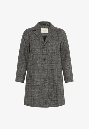 Manteau à carreaux gris avec un col cranté, deux boutons, poches latérales, et manches trois quarts. Tissu en mélange de laine texturé.