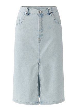 Jupe en denim bleu clair slim fit avec fente avant, passants tressés, fermeture à boutons et poches avant.