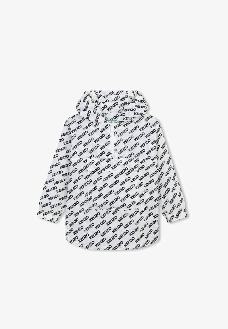 T-shirt à capuche blanc avec un motif répétitif du logo "KENZO" en noir, doté de manches longues et d'une poche avant. Tissu léger.