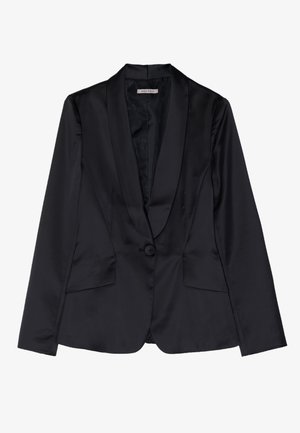 Svart sateng-blazer med sjaløredetalj, enkelt knappelukking og to frontlommer. Jevn tekstur og tilpasset passform.
