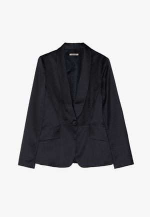Svart sateng-blazer med sjaløredetalj, enkelt knappelukking og to frontlommer. Jevn tekstur og tilpasset passform.