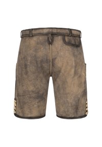 Shorts en cuir marron avec une finition texturée, dotés d'une poche avant, de coutures décoratives et d'accents en métal sur les côtés. Coupe ajustée.