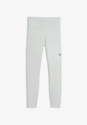 Jasnoszare legginsy sportowe z szerokim pasem, bocznymi kieszeniami i małym czarnym logo Puma na prawej uda.