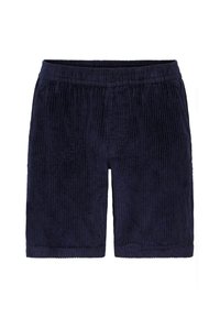 Marineblå cordfløyelsshorts med vertikal ribbet tekstur, elastisk midje og rett snitt, med en glatt finish i kanten.