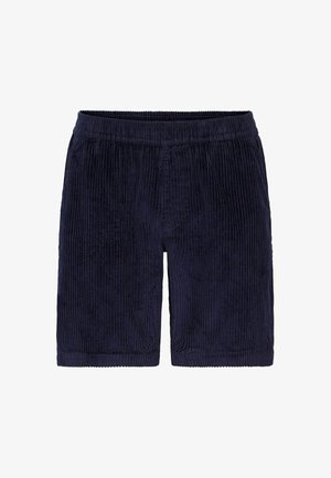 Pantaloni corti in corduroy blu navy con texture a coste verticali, cintura elasticizzata e taglio dritto, con una finitura liscia all'orlo.
