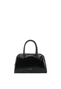 Black patent leather handbag with two short handles, rounded top, and a zip closure. Embossed logo on the front. Smooth, shiny texture.