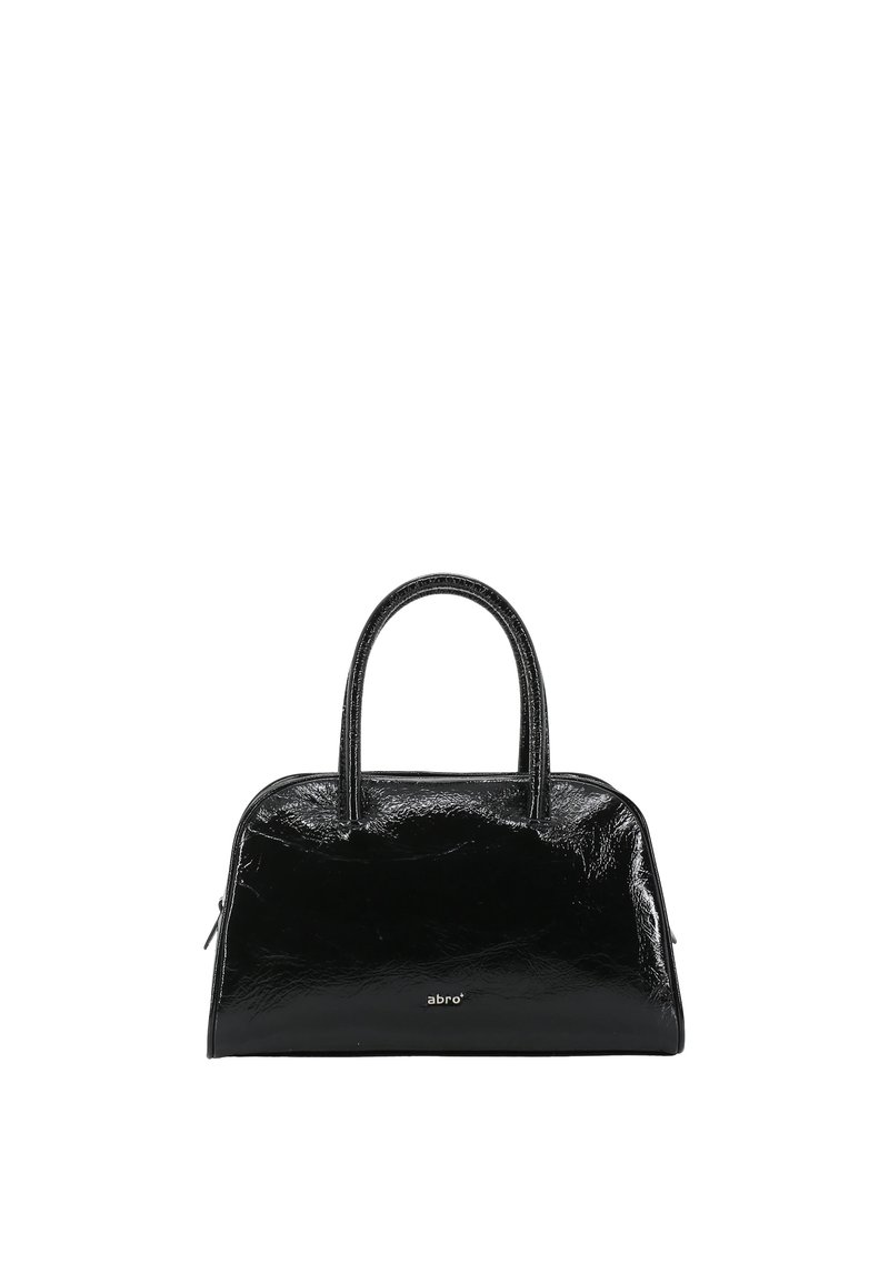 Black patent leather handbag with two short handles, rounded top, and a zip closure. Embossed logo on the front. Smooth, shiny texture.