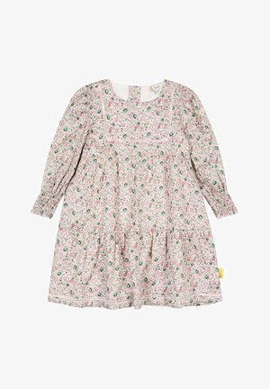 Kwiatowa sukienka z długimi rękawami, różowe tło, zielone i różowe kwiaty, marszczenia przy mankietach, wielowarstwowy dół oraz koronkowe wykończenie wzdłuż biustu.