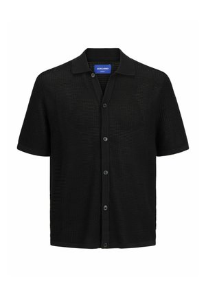 Svart kortärmad skjorta gjord av strukturerad tyg med viksälj och knäppning fram, samt två bröstfickor.