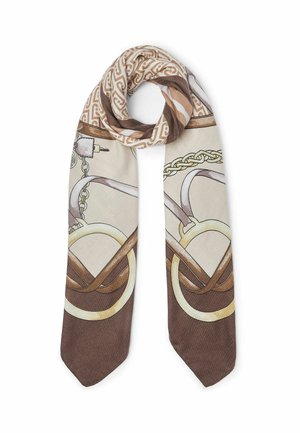 Sciarpa marrone e beige con motivi astratti di catene e anelli, leggermente attorcigliata nella parte superiore su sfondo bianco.