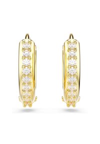 Gold hoop earrings featuring a row of eight clear, round-cut cubic zirconia stones set along one side. Smooth, polished finish.