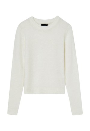 Maglione bianco lavorato a maglia con maniche lunghe, scollo rotondo e polsini e orlo a costine. Tessuto morbido e vestibilità rilassata.