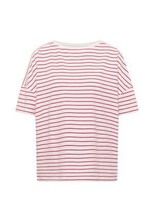 Chemise blanche à manches courtes avec de fines rayures rouges horizontales et un col rond, présentée sur un fond blanc uni.