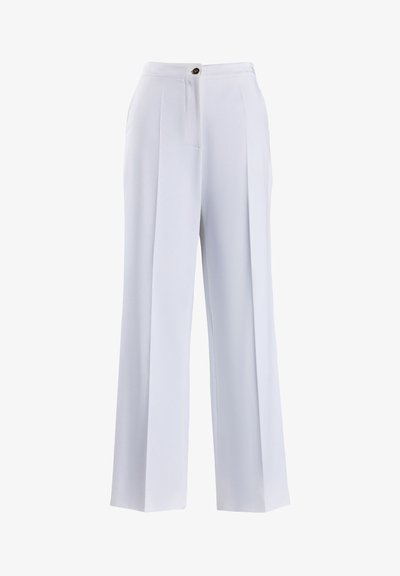 Bela široka hlače iz gladkega materiala, ki imajo sprednji gumb, dva nabora in krojen silhueto.