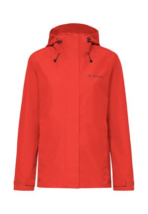 Giacca impermeabile rossa con cappuccio, coulisse regolabili e polsini con chiusura a velcro, con piccolo logo Vaude sul petto.