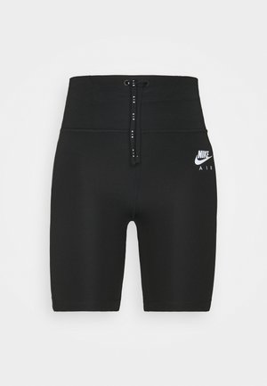 Black high-waist Nike Air bike shorts with adjustable drawstring waist and white Nike Air logo on upper left thigh.