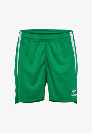 Zielone sportowe szorty z białymi paskami po bokach, wykonane z lekkiego materiału, z elastycznym paskiem w talii oraz logo na dolnej prawej stronie.