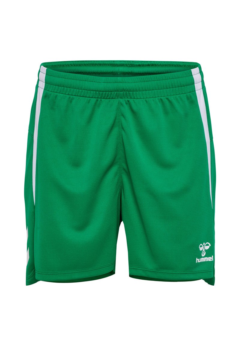 Pantaloni sportivi verdi con strisce bianche sui lati, realizzati in tessuto leggero, dotati di una cintura elastica e logo sul lato inferiore destro.