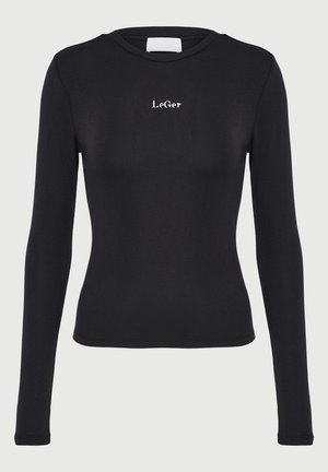 Svart langermet tettsittende topp med rund hals og hvit "LeGer" logo tekst sentrert på brystet.