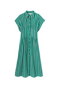 Robe midi à rayures verticales vertes et blanches avec des manches courtes, un col et des boutons à l'avant du cou jusqu à l'ourlet.