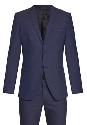 Navy blue suit jacket with two buttons, notch lapels, single chest pocket, and textured fabric; includes matching trousers visible below.