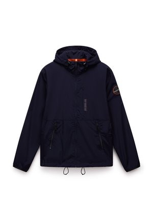 Navy windbreaker jacket with a hood, zipper front, two side pockets, and drawstring hem; features an orange accent near the collar and branding patch.