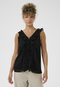 Black sleeveless blouse with a V-neck and ruffle details down the front. The fabric appears lightweight and smooth, with a loose fit.