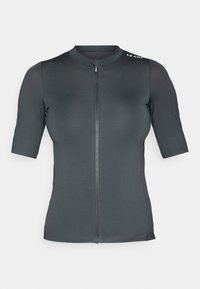 Kortsleeve sykkeltrøye i mørkegrått. Har glidelås foran og teksturert stoff, med rund hals og logo på skulderen.