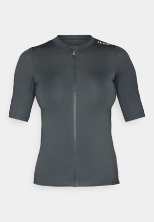 Short-sleeve cycling jersey in dark gray. Features a front zipper and textured fabric, with a rounded collar and logo accent on the shoulder.