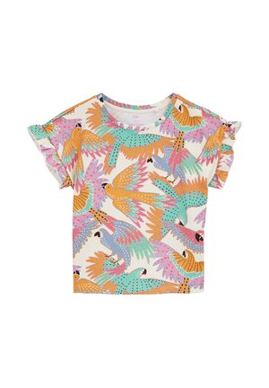 T-shirt à manches courtes en coton avec un fond crème, présentant un imprimé coloré de perroquet en rose, bleu, orange et vert. Manches volantées.