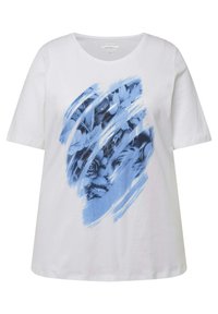 Witte katoenen T-shirt met een losse pasvorm, voorzien van een blauw bloemenborstelschildering en korte mouwen. Zachte textuur en ronde hals.