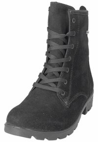 Stivale alla caviglia in suede nero con punta rotonda, sei fori per i lacci, una superficie texturizzata e suola in gomma bassa per una buona aderenza.