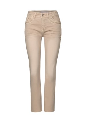 Beige denim pants with a fitted design, featuring braided stitching on the back pockets and a classic button closure at the waist.