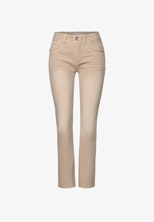 Pantaloni in denim beige con un design aderente, caratterizzati da cuciture intrecciate sulle tasche posteriori e una chiusura a bottone classica in vita.
