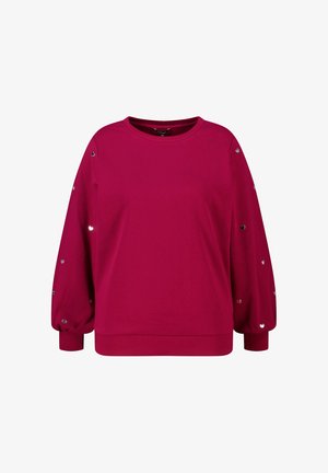 Donkerroze sweatshirt met lange mouwen, geribbelde manchetten en zoom, versierd met kleine zilveren hartvormige versieringen op de mouwen.