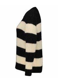 Schwarzer und cremefarbener gestreifter Pullover aus weichem Strickmaterial, mit breiten horizontalen Streifen sowie einem gerippten Saum und Bündchen. Runder Ausschnitt.