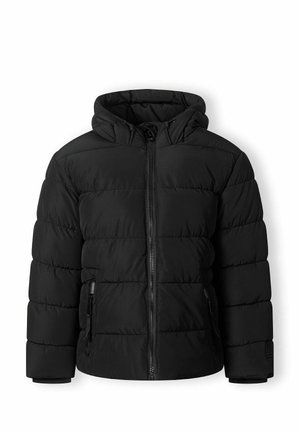Mustat puffatakki, jossa on huppu, ja siinä on tikattu muotoilu, etuvetoketjusulku ja kaksi sivutaskua. Pehmeä pinta ja eristetty.