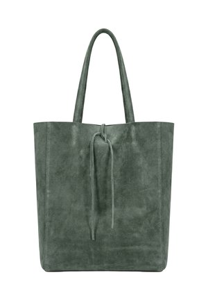 Grand sac cabas en daim vert foncé avec deux longues anses et un détail noué à l'avant, design simple sur fond blanc.