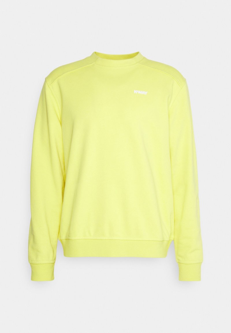 Sweat-shirt jaune à manches longues avec col rond, poignets et bas côtelés, petit logo blanc "K-WAY" sur le haut gauche de la poitrine.