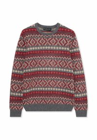 Gebreide trui met ronde hals, met een rood, grijs en crèmekleurig geometrisch patroon, geribbelde boorden en zoom, gemaakt van een zachte wolmix.